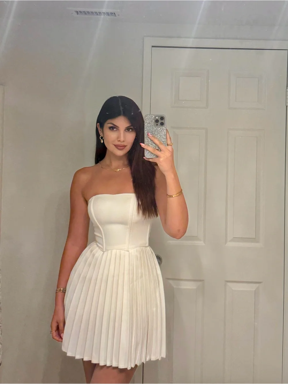 White Strapless Pleated Mini Dress